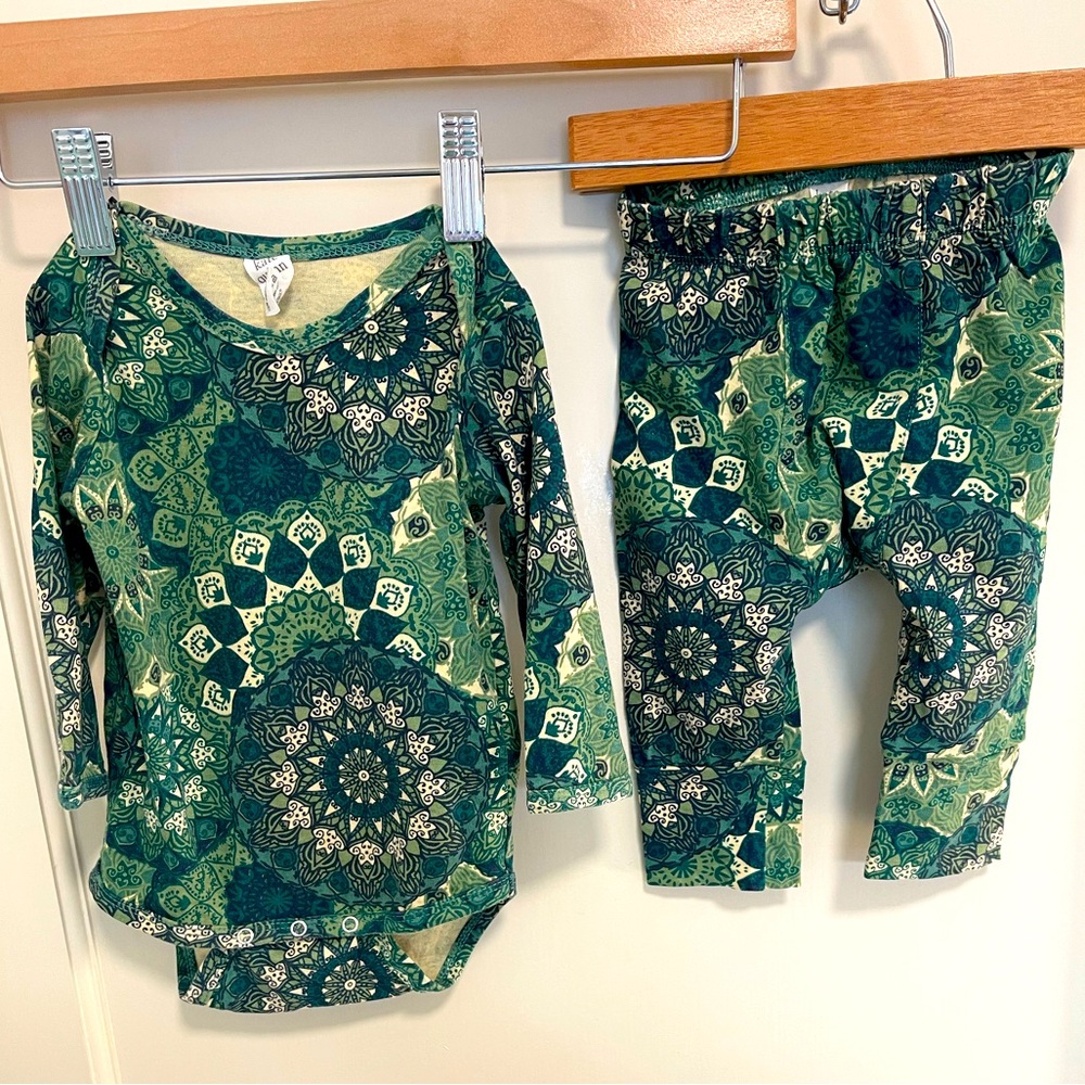 EUC Kate Quinn organic cotton onsie and panda pant set in green mandala